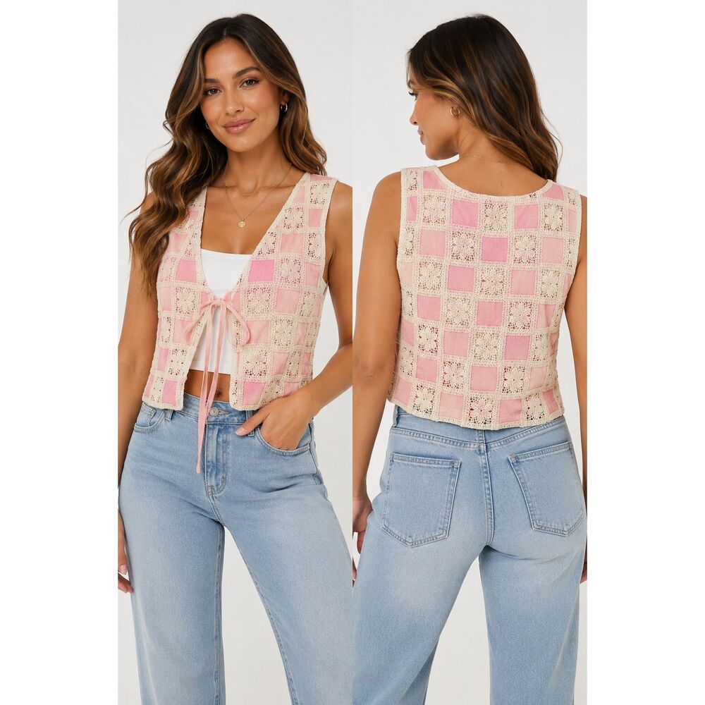 Emory Park Crochet Lace Tie Front Vest Small Pink Boho Festival Cottagecore - Picture 2 of 12